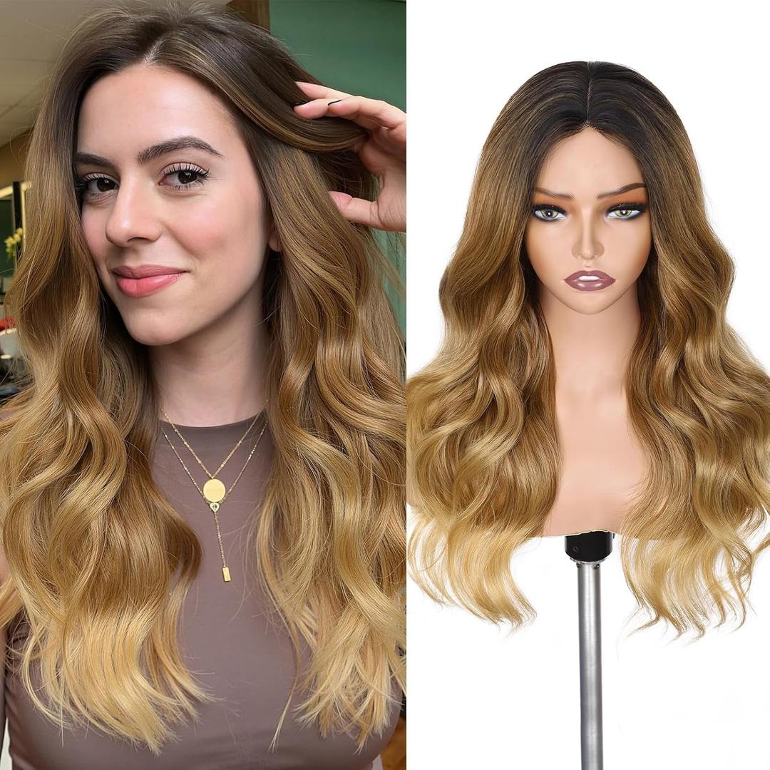 Lady Miranda Ombre Blonde Wavy Wig Middle Part Curly Wavy Wigs for Women Natural Looking Long Blonde Highlights Wigs Synthetic Wig Ombre Brown Natural Wavy Hair (1-Ombre Blonde Highlight 22)