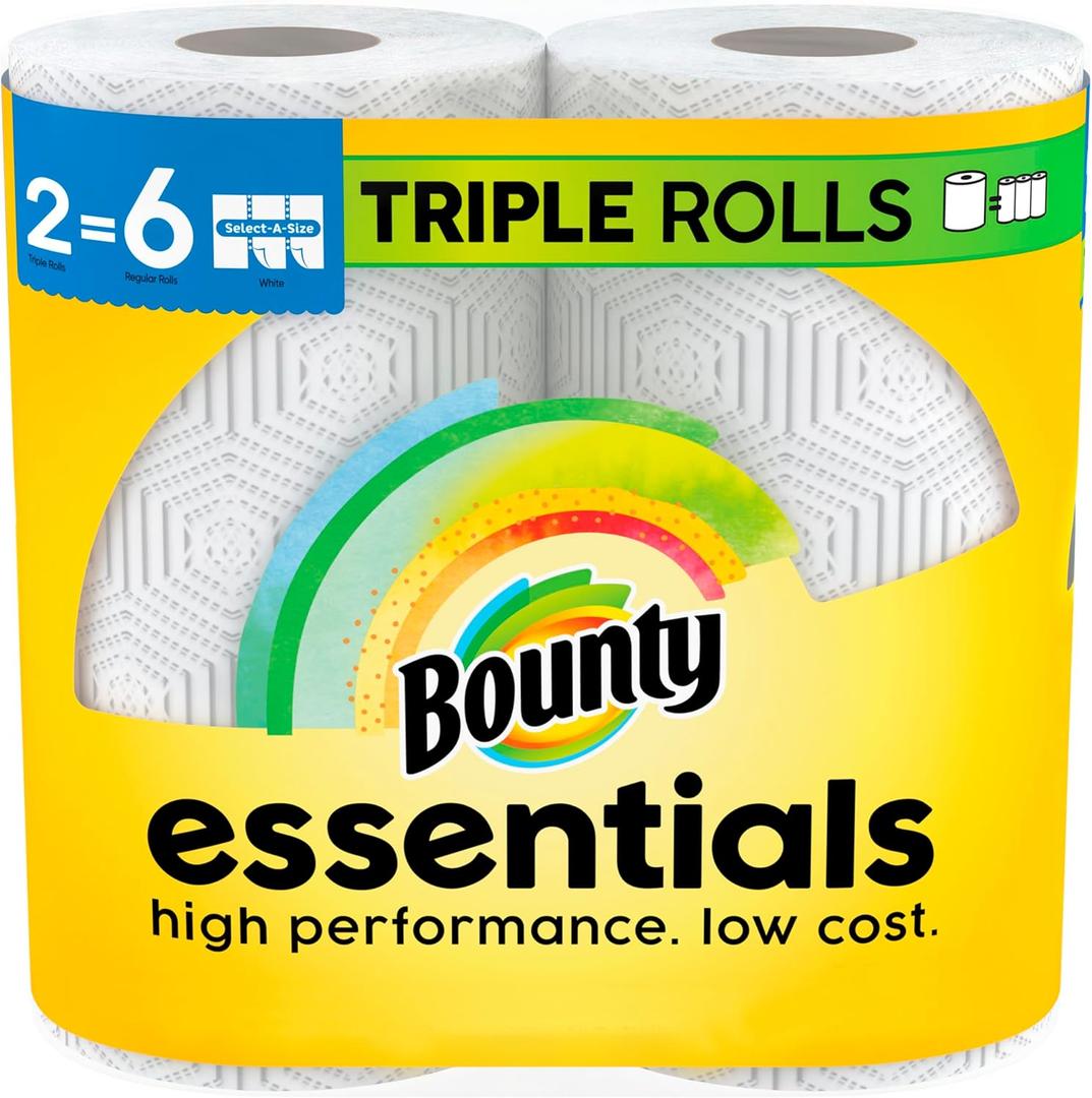 Bounty Essentials Select-A-Size Paper Towels, White, 2 Triple Rolls - 6 Regular Rolls