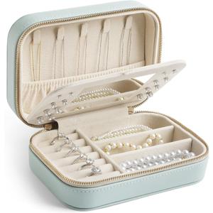 Genuine Leather Travel Jewelry Organizer Case with Mirror for Women, Small Mini Portable Jewelry Box for Ring Earrings Necklace Bracelet Luxury Gift for Women（Cyan)