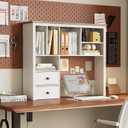 Treocho Desktop Hutch Bookshelf with Cork Board for Photos and Reminders, White Desk Organizer with Drawers and Shelves, Study Desk Hutch for College Dorm, Student Bedroom, Compact Study Spaces