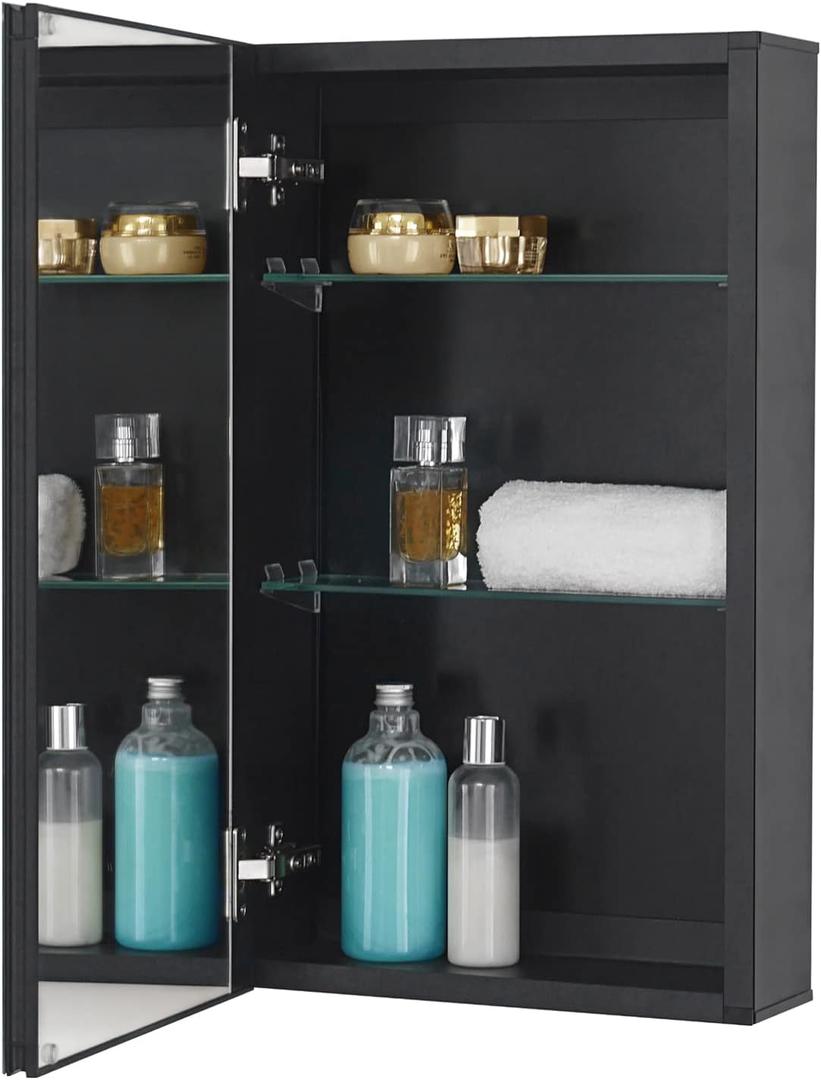 14 x 24 Black Aluminum Medicine Cabinet with Mirror, Recessed/Surface Mount
Bathroom Medicine Cabinet, 2 Adjustable Glass Shelves, Double-Sided Beveled Mirror Door, Soft-Close Hinge, Reversible Swing