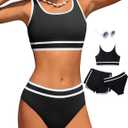 Girls Swimsuits 3 Piece Bathing Suit Bikini Set with Sporty Shorts and Sunglasses Beach Swimwear for Girl Size: 14-15 Years (Black)