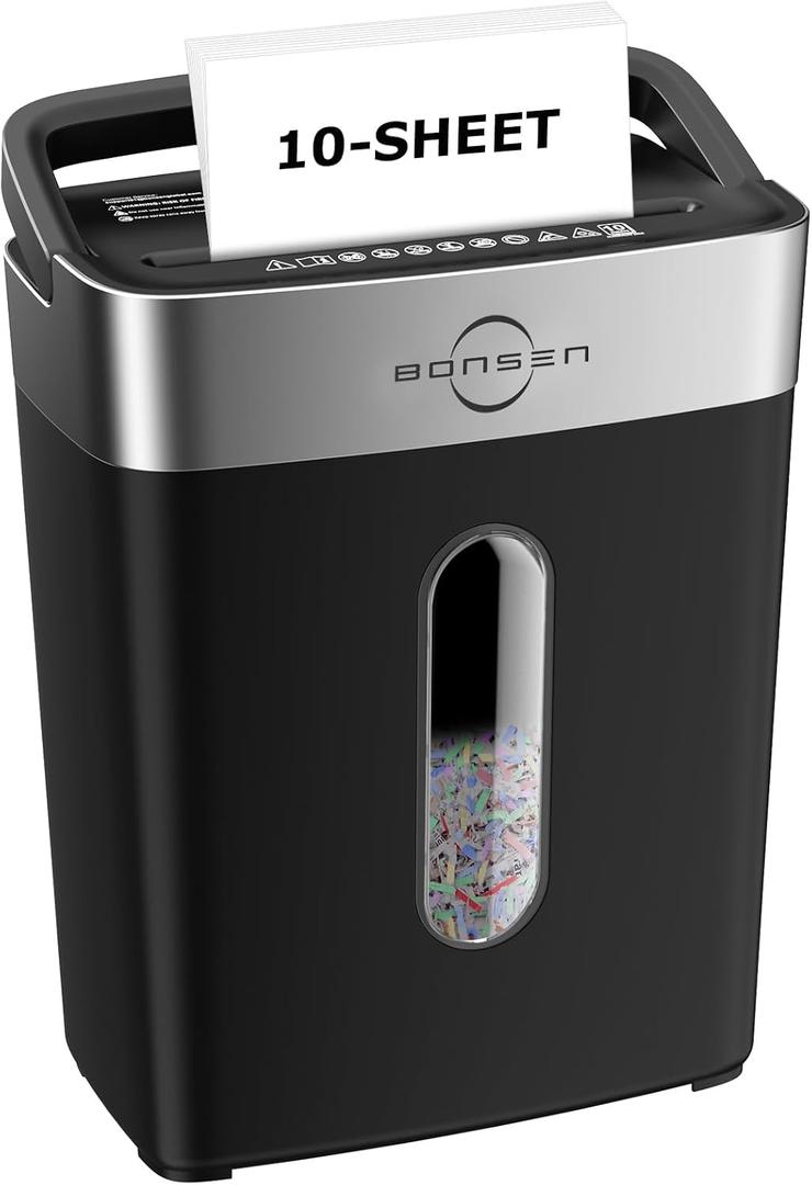 Bonsen 10-Sheet Cross Cut Paper Shredder for Home Office, P-4, Portable Handle, 4 Gallons Bin, Paper and Credit Card Shredder, Black (S3201 New Version)