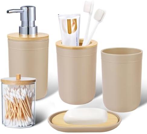 iMucci Bathroom Accessories Set 5Piece Beige Bathroom Sets, Toothbrush Holder, Toothbrush Cup, Lotion Soap Dispenser, Soap Dish and Qtip Holder Bathroom Decor