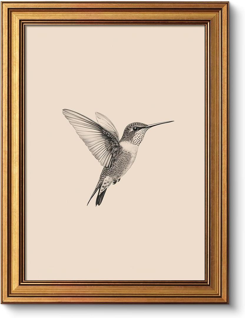 VIYYIEA Vintage Gold Framed Wall Art for Living Room, Birds Canvas Prints Home Decor, Sketch Painting Picture, Bedroom Wall Decor Gifts for Friends or Family -Hummingbird-(16L x 12W)