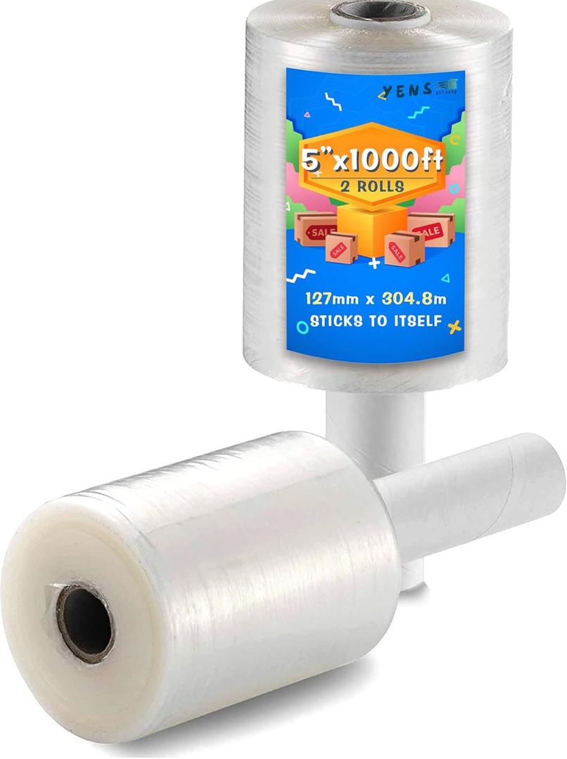 Yens 2 Pack 5" inch 1000 Ft Roll 80 Gauge Total 2000 ft Mini Hand Stretch Wrap Industrial Strength Mini Hand Stretch Wrap Moving Supplies Durable Heavy Duty Shrink Film