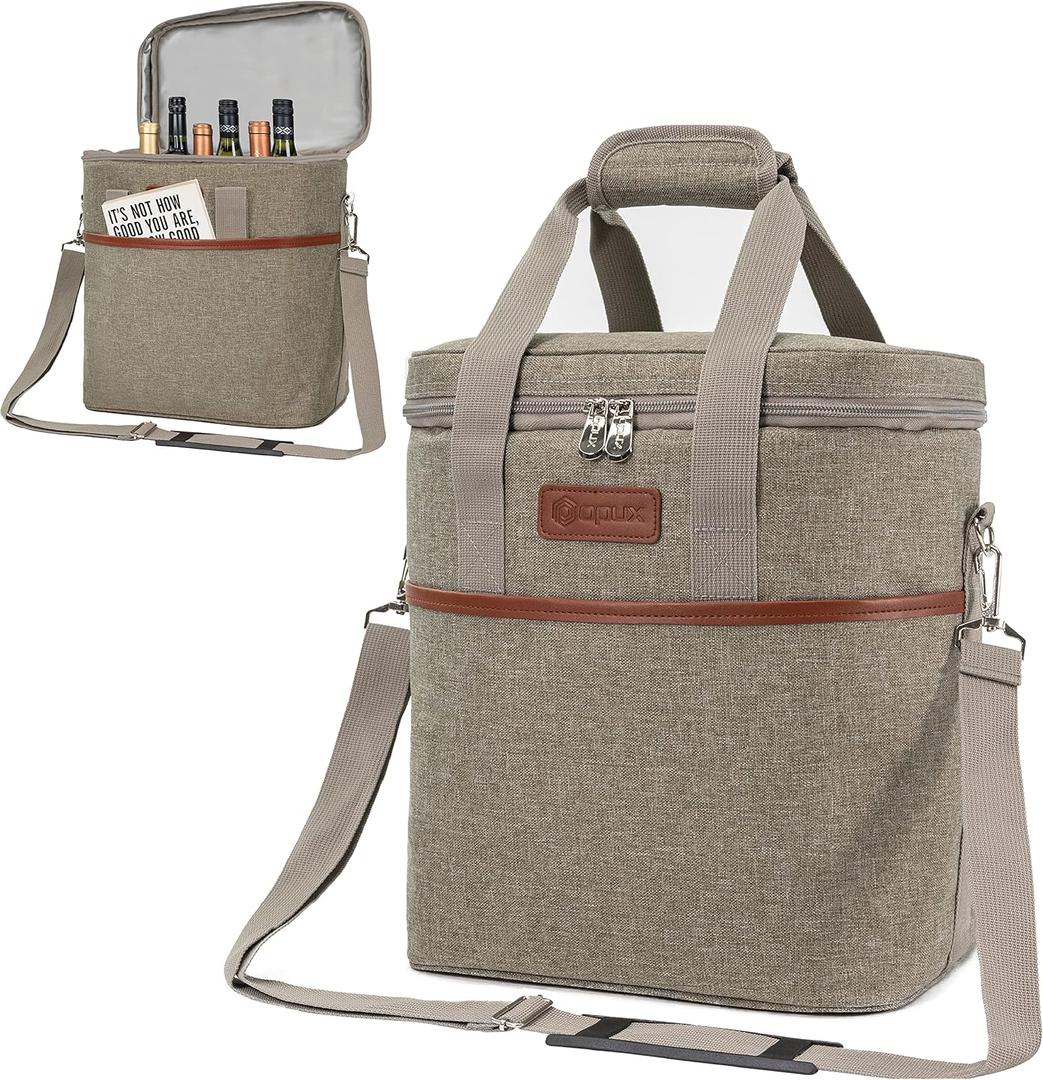 opux 6 Bottle Carrier Tote | Insulated Padded Wine Cooler Bag for Travel. Picnic, BYOB | Portable Leakproof Wine Tote Bag for Dinner, Party, Christmas, Wine Gift for Women, Men (Heather Taupe)