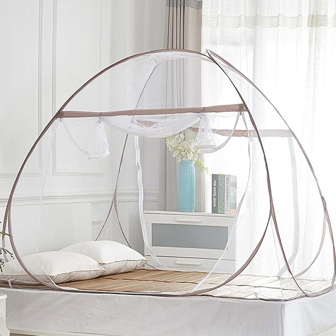 Pop Up Bed Net Tent for Bedroom with Net Bottom, Portable Double Door Travel Folding Design Bed Canopy, Foldable (Khaki-79 x71x59 inch)