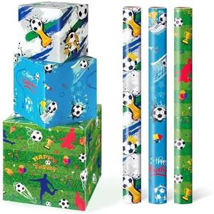 WERNNSAI Soccer Gift Wrapping Paper - 3 Rolls 17”x 120” Boys Sports Wrapping Paper for Kids Birthday Party Decoration Supply Football Baby Shower Present Packing Favor, Green & Blue