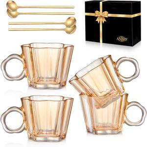 Vintage Glass Coffee Mugs Set of 4, 11oz Creative Flower Glass Coffee Cups with Spoons - Cute Tea Cups with Handle, Art Glassware, Unique Birthday Gifts (Amber)