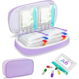 Weekly Pill Organizer 2 Times a Day - Timueetech A6 Waterproof 14 Pill Pouch Bags for Travel, BPA-Free Medicine Storage with Labels & Self-Sealing Design for Vitamins and Supplements, Purple