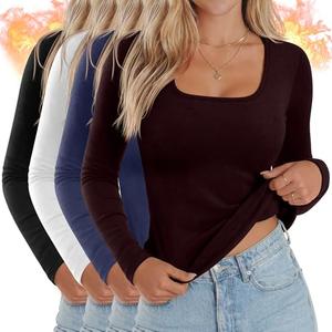 Huukeay 4 Pack Women's Thermal Long Sleeve Shirt Square Neck Fleece Slim Warm Winter Tops Casual Fashion Base Layer(Black, White, Navy Blue, Wine Red,Large)