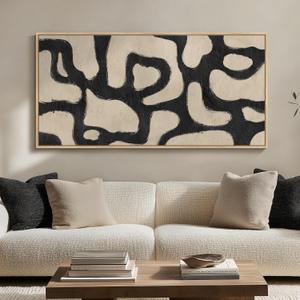 Framed Black and Beige Abstract Wall Art for Living Room, Extra Lagre Neutral Modern Painting Print, Mid Century Minimalist Canvas Artwork for Dining Room Bedroom Hallway Office Wall Decor, 30x60 Inch