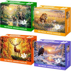 4 Packs 100 Piece Puzzle, Lions Elephants Deer Eagle 100 Piece Puzzles for Adults Seniors, Wildlife Nature Large Piece Jigsaw Puzzles 100 Pieces for Seniors Adults Family Game Gifts (15x10 in)