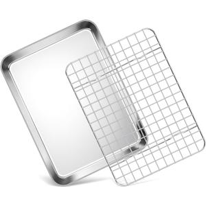 Toaster Oven Pan with Rack Set (1 Pan+1 Rack), Homikit 9 x 7 Inch Small Baking Sheet with Wire Rack, Stainless Steel Cookie Sheets for Baking, Cookie Bacon Tray with Cooling Rack, Dishwasher Safe