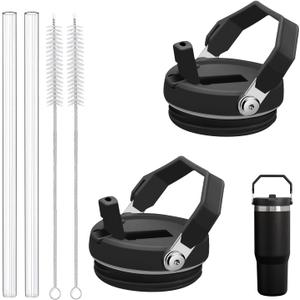 2-Pack Replacement Flip Straw Lids for Stanley IceFlow Tumbler 30oz and 20oz, Spill-Proof Cap with 2 Reusable Straws & 2 Cleaning Brushes, BPA-Free, Easy to Clean(Black)