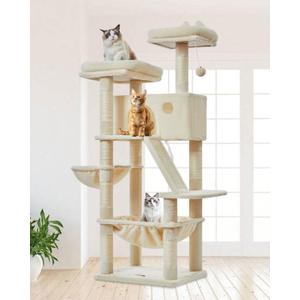 Taoqimiao Cat Tree 57.5-Inch, Cat Tower for Indoor Cats Large Adult, Extra Large Cat Condo, 8 Sisal Scratching Posts, Metal Frame Cozy Hammock, Durable Scratch Board, 2 Top Perches, Beige MS026M