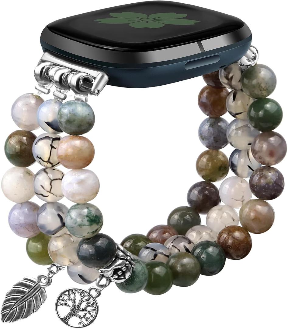 Newlibery Natural Stone Beaded Bracelet Watch Band Women for Fitbit Versa 4/Versa 3/Sense 2/Sense Bands Feminine Cute Handmade Boho Elastic Stretch Strap Replacement Agate Healing Stones Wristband
