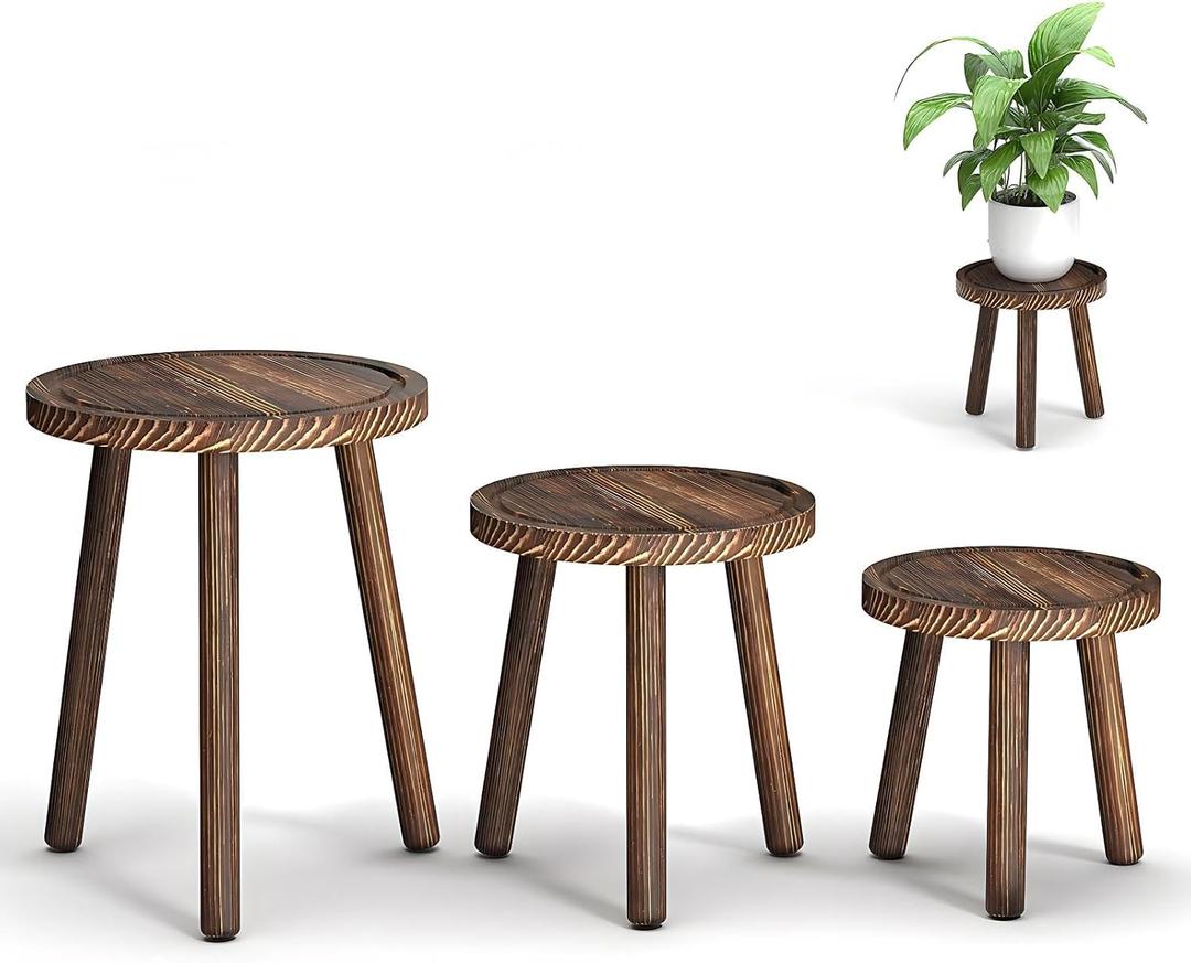 3-Pack Wood Plant Stands Indoor, Single Plant Stand for 6-12 Inch Pots, Mid-Century Modern Plant Stool, Tall Plant Stand for Large Plants Perfect Fit for Living Room, Balcony, Office (heavy burnt color)