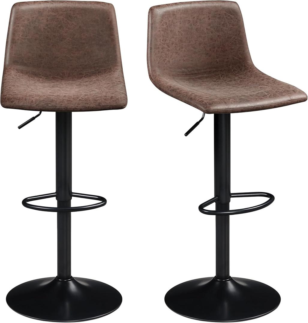Yaheetech Bar Stools Set of 2, Swivel Counter Height Barstools with Back and Rootrest, Adjustable PU Leather Armless Bar Chairs for Kitchen Island, Bar, Kitchen, Dining Room, Brown