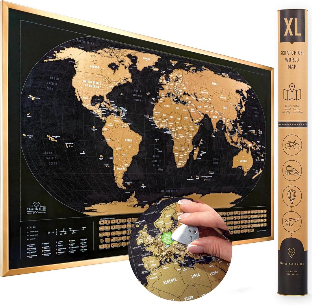 XL Scratch Off World Map with 196 Country Flags 36" x 24" Frameable World Map with Vibrant Colors and Premium Gold Coating, Beautiful Scratch Map for Travelers, Black (XL - 24x36, Black)