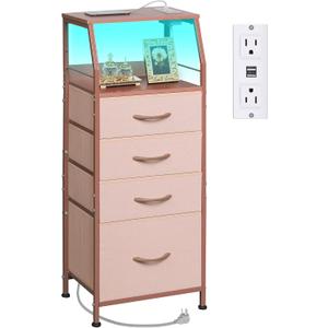WLIVE 4 Drawer Dresser for Bedroom, 37" H Nightstand with Charging Station and Led Light, Tall Night Stand Bed Side Table, End Table with USB Ports and Outlets, Fabric Bins, Wood Shelf, Pink