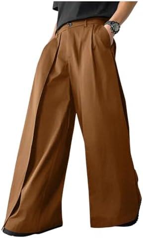 OYOANGLE Men's Baggy Wide Leg Pants Zipper Fly Pleated Trousers Business Casual Dress Pants with Pocket, Small