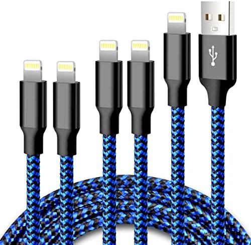 cugunu iPhone Charger, 5 Pack 3/3/6/6/10FT Apple MFi Certified USB Lightning Cable Nylon Braided Fast Charging Cord Compatible for iPhone 14/13/12/11/X/Max/8/7/6/5/SE/Plus/iPad - Black Blue