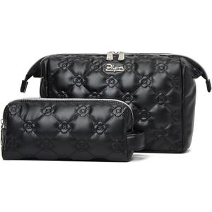 BOYATU Travel Makeup Bag Cosmetic Pouch: 2 Pcs Set Waterproof Vegan Leather Cosmetic Bags for Women - Cute Quilted Skincare Make up Toiletry Bag for Girl (02-Black)