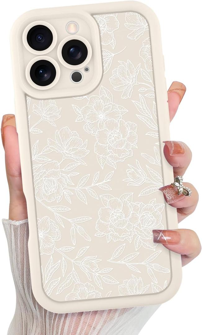 MZELQ for iPhone 16 Pro Case, Silicone Floral Flower Cute Pattern, Camera Protection Soft Slim Shockproof for Girls Women -White