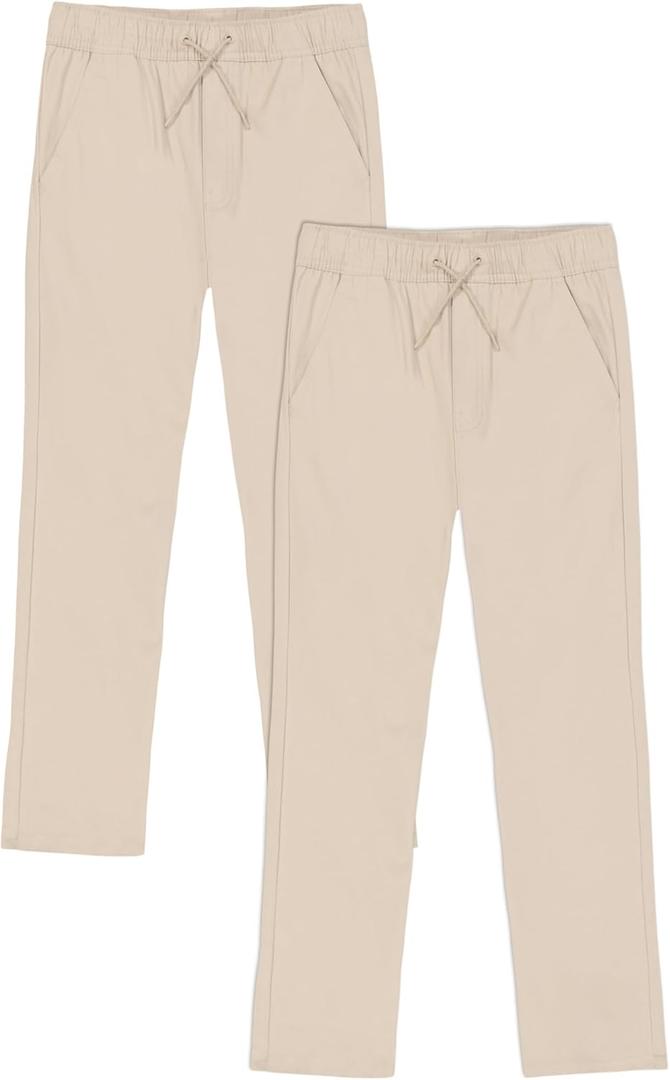 Boys' School Uniform Pull on Stretch Twill Pants, Drawstring Waist, Multipack (8, Khaki/2-pack)