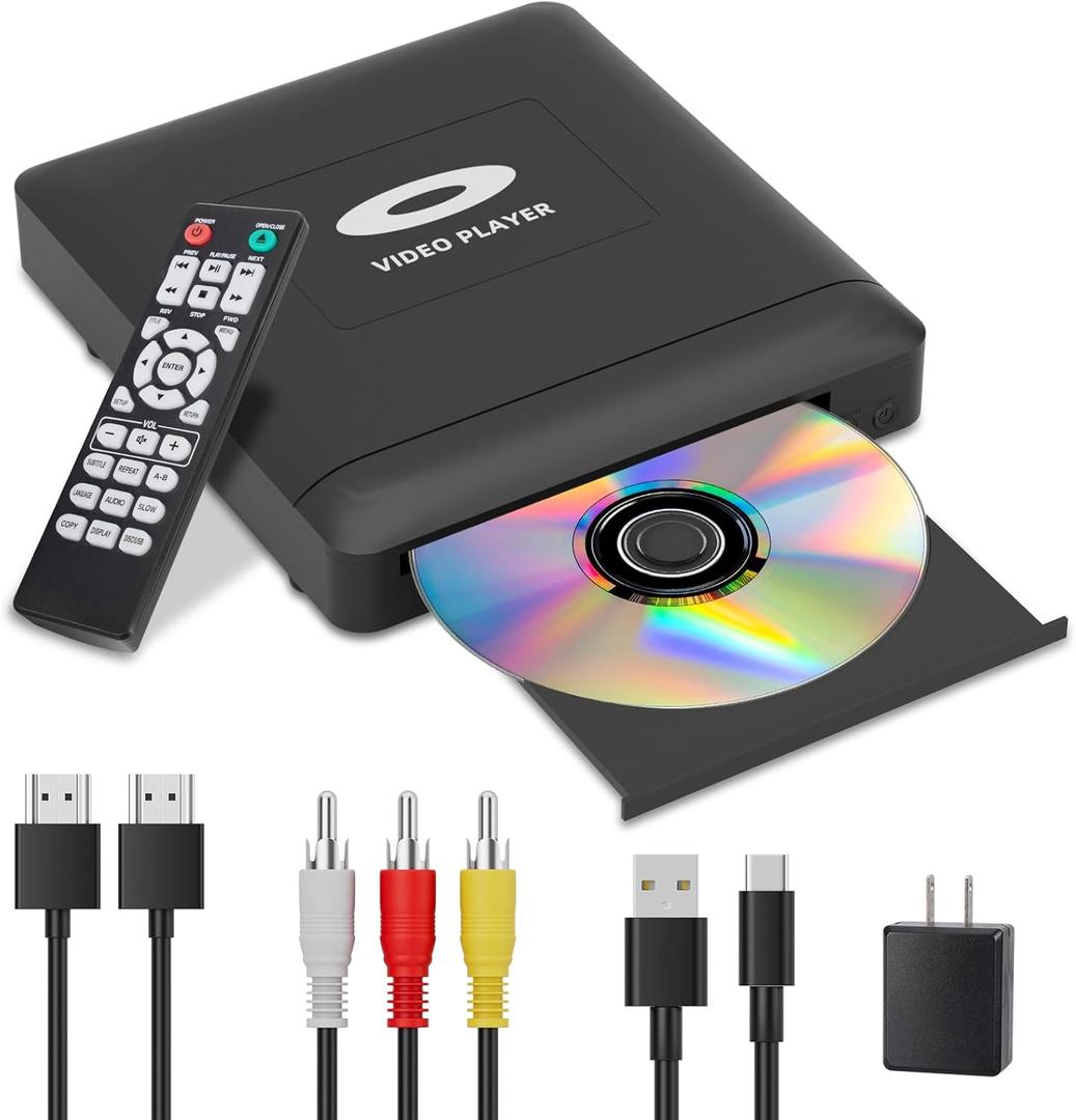 Mini HD DVD Player with HDMI, Multi Region DVD Player for Smart TV, HDMI/RCA Output Cable Included, 1080P, Breakpoint Memory, Built-in PAL/NTSC, CD Players for Home