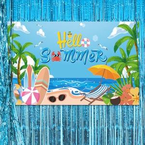 Pack of 2 AOYOO Vibrant Hello Summer Backdrop Banner - 72x44 Inch Durable Party Decoration for Summer Birthday BBQ Pool Graduation Events, Easy to Hang Fabric Photo Booth Background