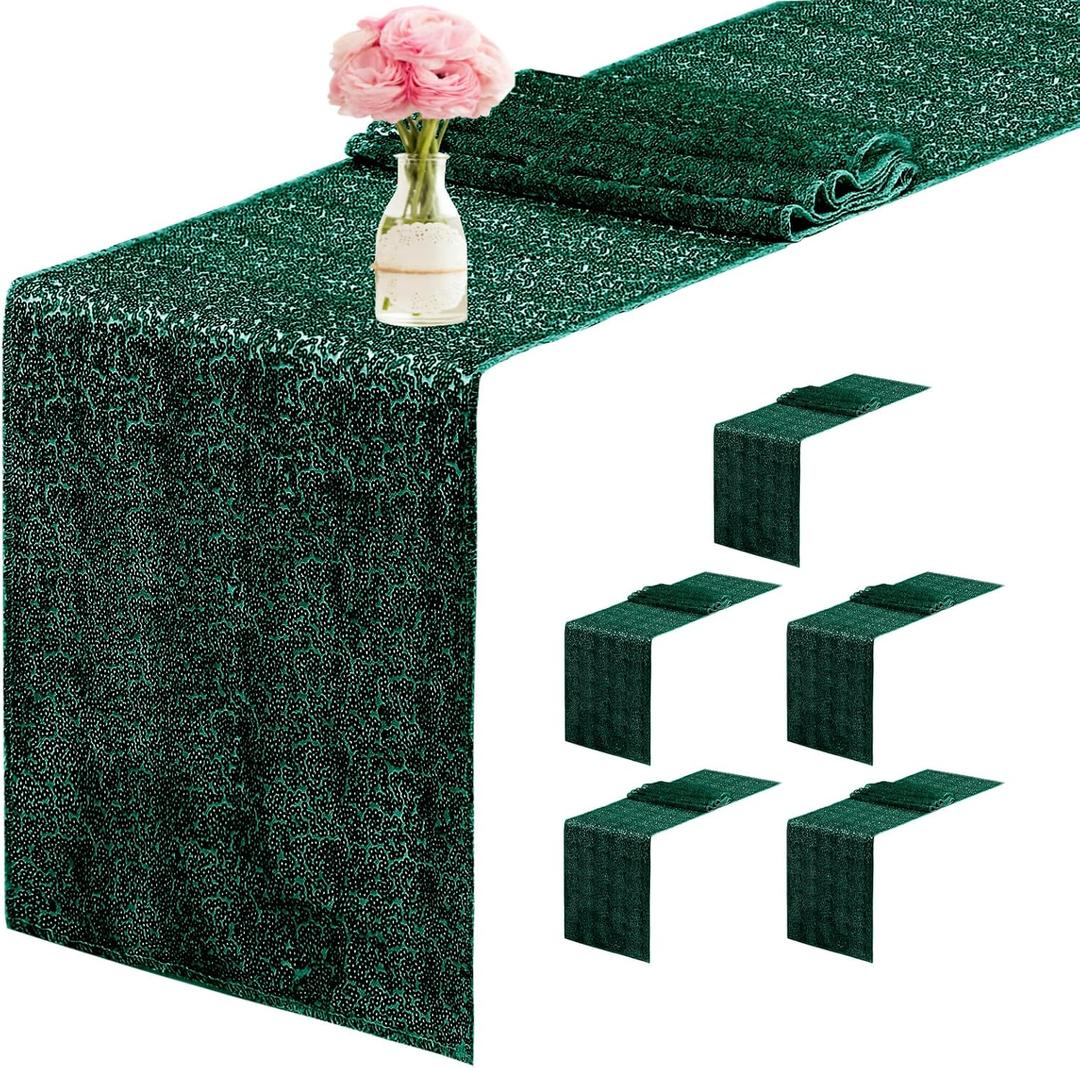 6 Packs 12 x 72 inches Sequin Table Runner, Hunter Green Glitter Table Runner for Birthday Party Supplies Wedding Engagement Baby Shower Holiday Celebration Event Decorations