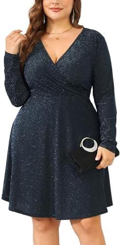 ZOMVA 2025 Plus Size Sparkly Glitter Wrap V Neck A Line Mini Dress Sparkle Sequin Sexy Dresses Cocktail Party Club 2XL