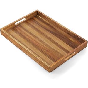 17 Inch Acacia Wood Serving Tray with Handles - Large Wooden Tray for Ottoman, Breakfast in Bed, Dinner, Coffee Table - Decorative Rectangular Tray for Living Room Bedroom Entryway and Kitchen