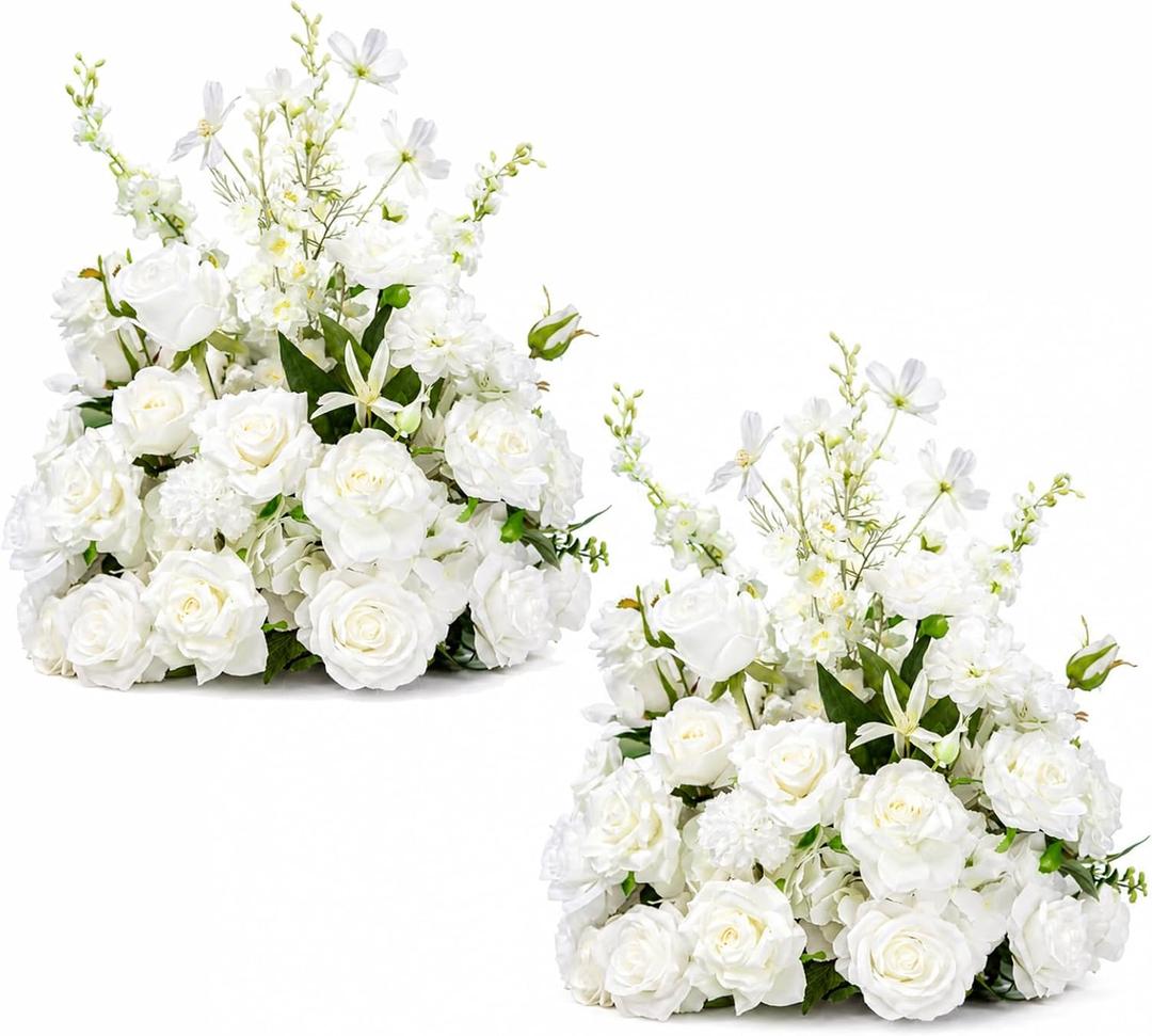 White Wedding Floral Arrangements, 23.6" Tall Free Standing Floor Flower Arrangement, Wedding Aisle Flowers for Ceremony, Large Floral Centerpiece for Entryway & Party Decor (2, White with leaves)