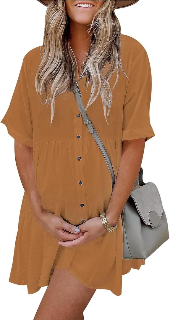 PYGFEMR Women's Short Sleeve Babydoll Dress Button Down Dresses with Pockets, XXL