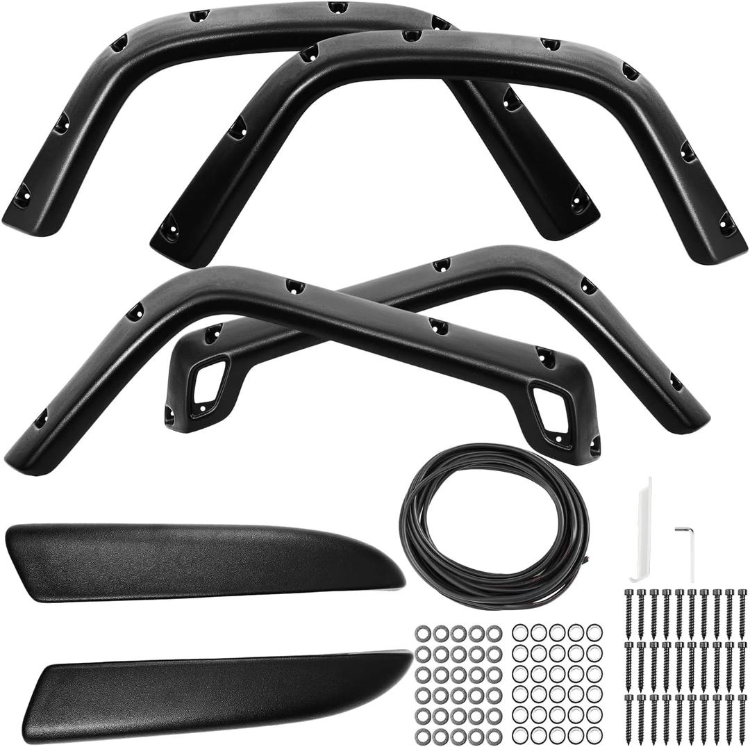 6Pcs Fender Flares Kit Compatible for 1997-2006 Jeep Wrangler TJ,Pocket-Riveted Style Paintable Wheel Fender Flares Cover Kit, Front and Rear, Matte Black