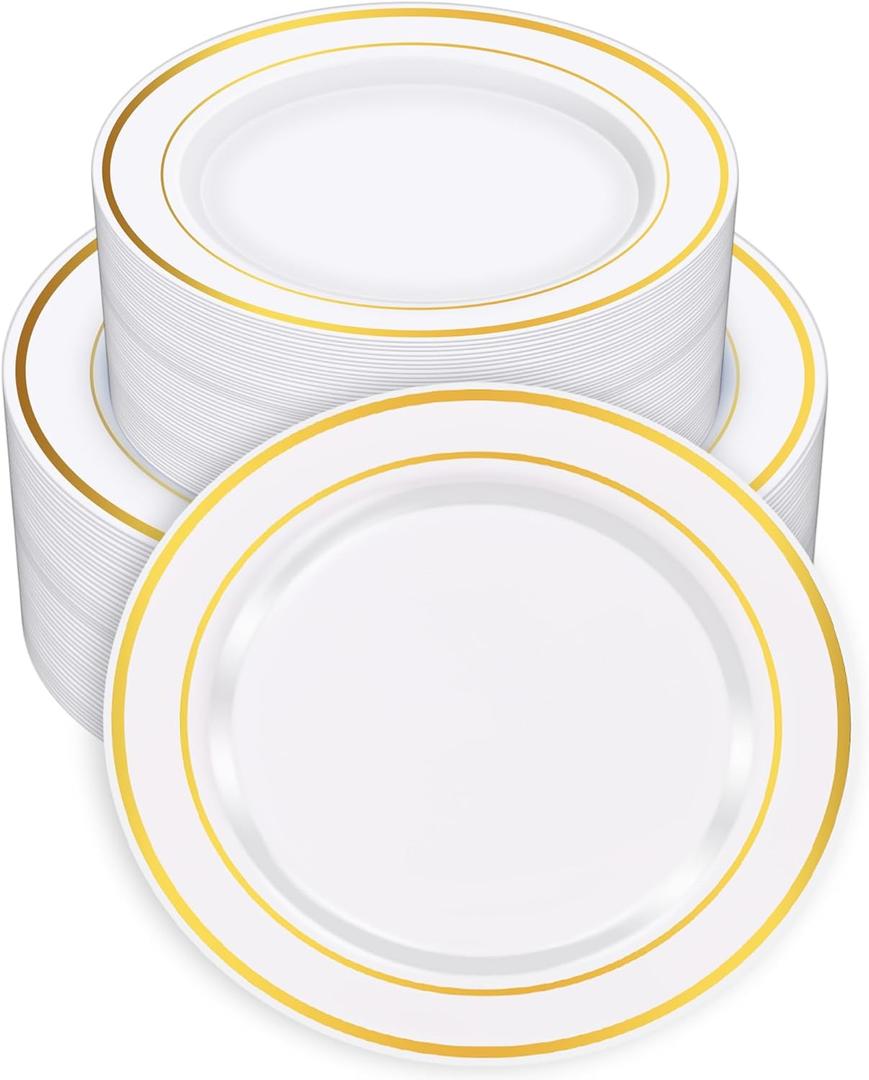 Zcaukya 100PCS Gold Plastic Plates, Disposable Plastic Dishes with Gold Rim in Bulk, 50 Pcs Each 10.25 Inch and 7.5 Inch for Dinner, Birthday and Wedding