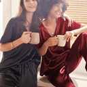 Ekouaer Satin Pajama Set Womens Silk Short Sleeve V Neck Shirt with Long Pant Soft Loungewear Pjs Set (Red, XXL)