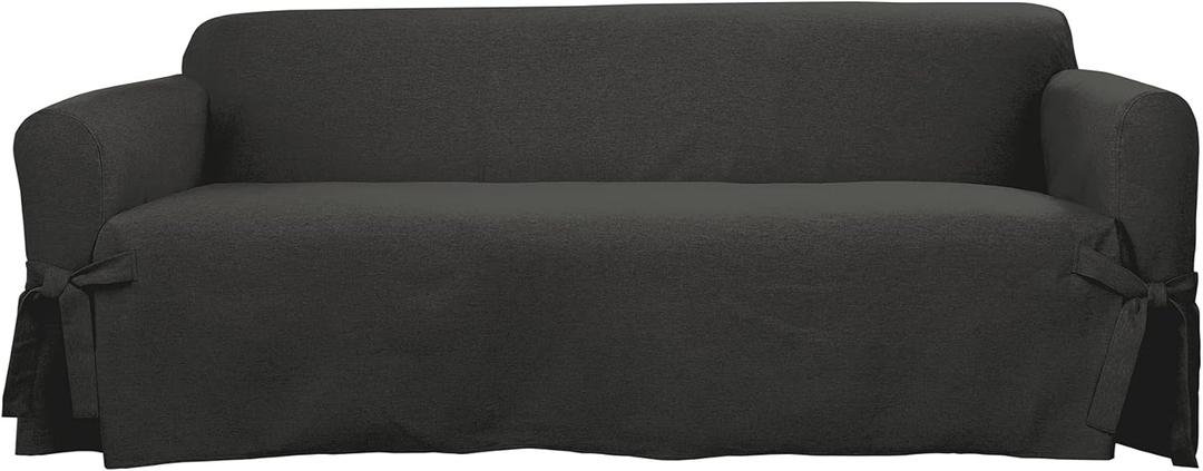SureFit Farmhouse Basketweave One Piece Slipcover with Ties and Cinched Seat Elastic, Sofa Cover (Charcoal)