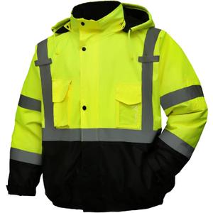 Safety jacket for men, Reflective high Visibility Hooded jacket, Hi-Vis Bomber Jacket with Pockets and Zipper, Waterproof, Black Bottom, ANSI/ISEA 107-2020 Type R Class 3, Lime