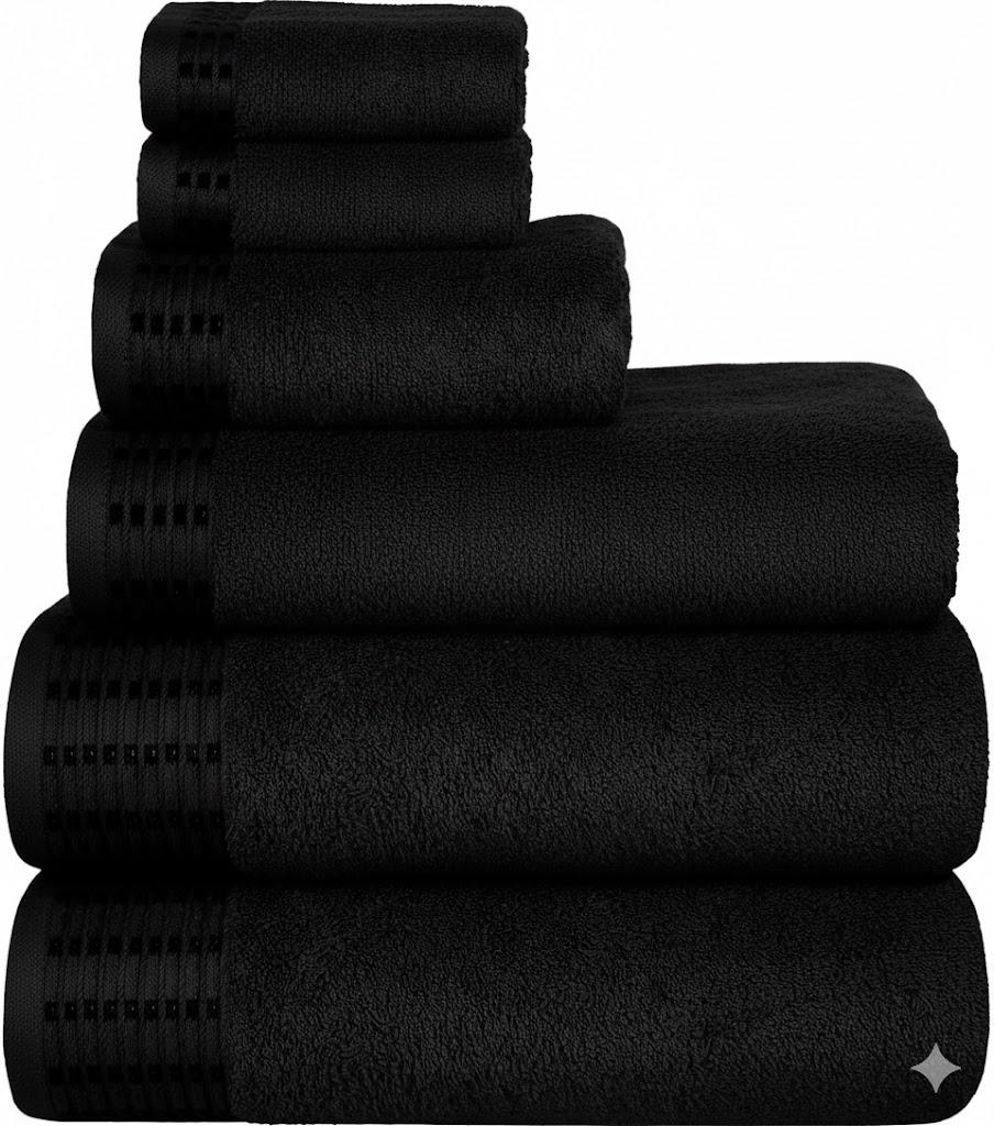Ultra Soft 6 Pack Cotton Towel Set, Contains 2 Bath Towels 28x55 inch, 2 Hand Towels 16x24 inch & 2 Wash Cloths 12x12 inch, Ideal Everyday use, Compact & Lightweight - Black