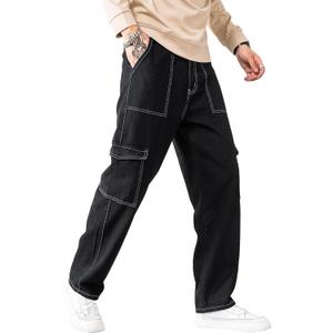 GORGLITTER Men's High Waist Baggy Jeans Wide Leg Denim Cargo Pants Contrast Stitching Skater Jeans Trousers (XXL)