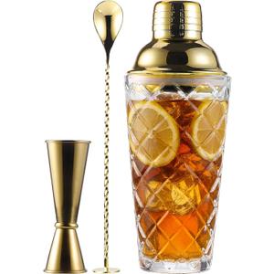Glass Cocktail Shaker Set with Built-in Strainer  16oz Thickened Pineapple Glass Gold Shaker Set, Gold Jigger & Bar Spoon with Muddler for Home Bar/Trolley Dcor/Margaritas/Martinis