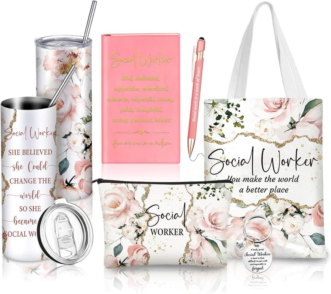 6 Pcs Social Worker Appreciation Gifts Include 20 Oz Tumbler Canvas Bag Notebook Pen Social Worker Must Haves for Bsw Msw Dsw Lcsw Coworker Volunteer Office Supplies