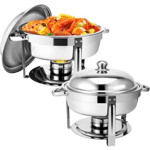 2 Pack 5QT Chafing Dish Buffet Set, Round Chafers for Catering with Lids, Stainless Steel Buffet Servers and Warmers Set, Food Warmer for Parties Weddings Catering and Dinners (2Pack-Stainless steel)