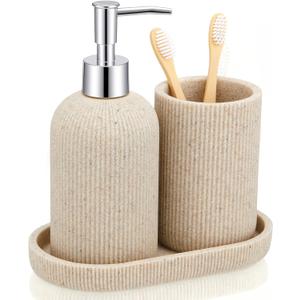 3 Pcs Toothbrush Holder, Soap Dispenser and Toothbrush Holder, Stripes Decorative Tray Set, Vanity Tray for Bathroom, Frosted Farmhouse Decor