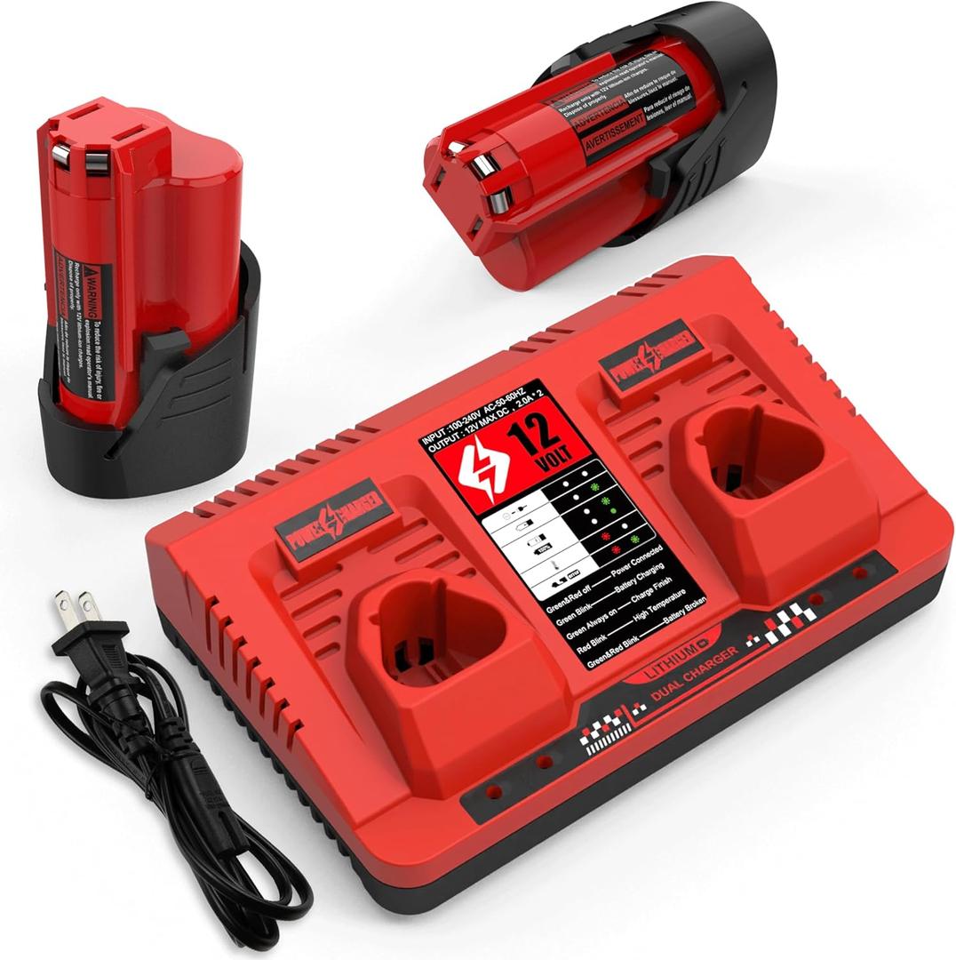 energup 2Pack 12V 3.5Ah Replacement Milwaukee M12 Battery and Charger Kit for 48-11-2420 48-11-2401 48-11-2411 M12 Battery for Milwaukee 12Volt Battery with 2-Port Dual Milwaukee 12V Battery Charger